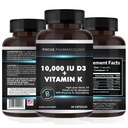 D3 Ekstra Kuvvetli Kemik | Kalp Sağlığı Non-GMO Formula 10.000 IU Vitamin D3 & 200 mcg C2 (MK7) | Swallow Vitamin K & D, 60 Capsules