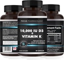 D3 Ekstra Kuvvetli Kemik | Kalp Sağlığı Non-GMO Formula 10.000 IU Vitamin D3 & 200 mcg C2 (MK7) | Swallow Vitamin K & D, 60 Capsules