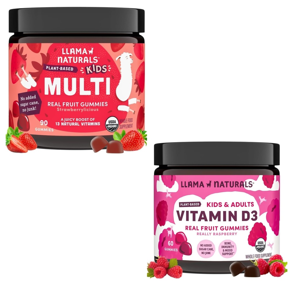Llama Naturals Adults and Kids Vitamin D3 Raspberry, 60 Ct and Multivitamin Gummies Strawberry, 90 Ct