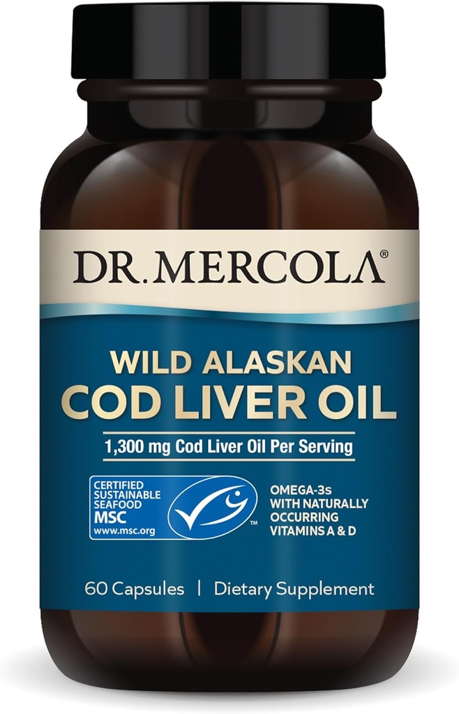 Dr. Mercola Cod Liver Oil, 1,300 mg Per Servis, 30 Hizmet (60 Capsules), Diyet Supplement, Destekler Beyin, Bone ve Ortak Sağlık, Non-GMO, MSC sertifikalı