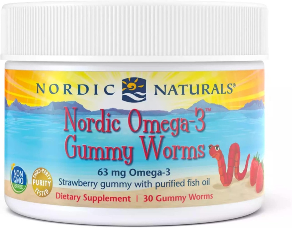 Nordic Naturals Nordic Omega-3 Gummy Worms, Φράουλα - 30 Gummy Worms - 63 mg Σύνολο Omega-3s με EPA & DHA - - 30 Υπηρεσίες