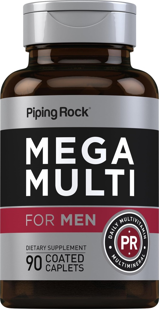 Piping Rock Men's Multivitamin | 90 Caplets | Daily Mega Multimineral Supplement | C, D, Magnezyum, çinko | Non-GMO, Gluten Free
