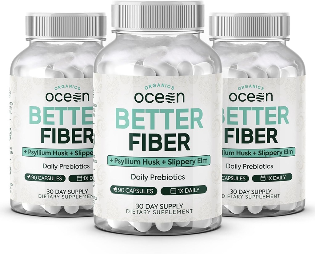 Organiks Ocean Better Fiber - Daily Fiber Supplement - Soften Stool for Effortless Bowel Hareketler - Psyllium Hulk ve Terpery Elm - 3 Şişeler