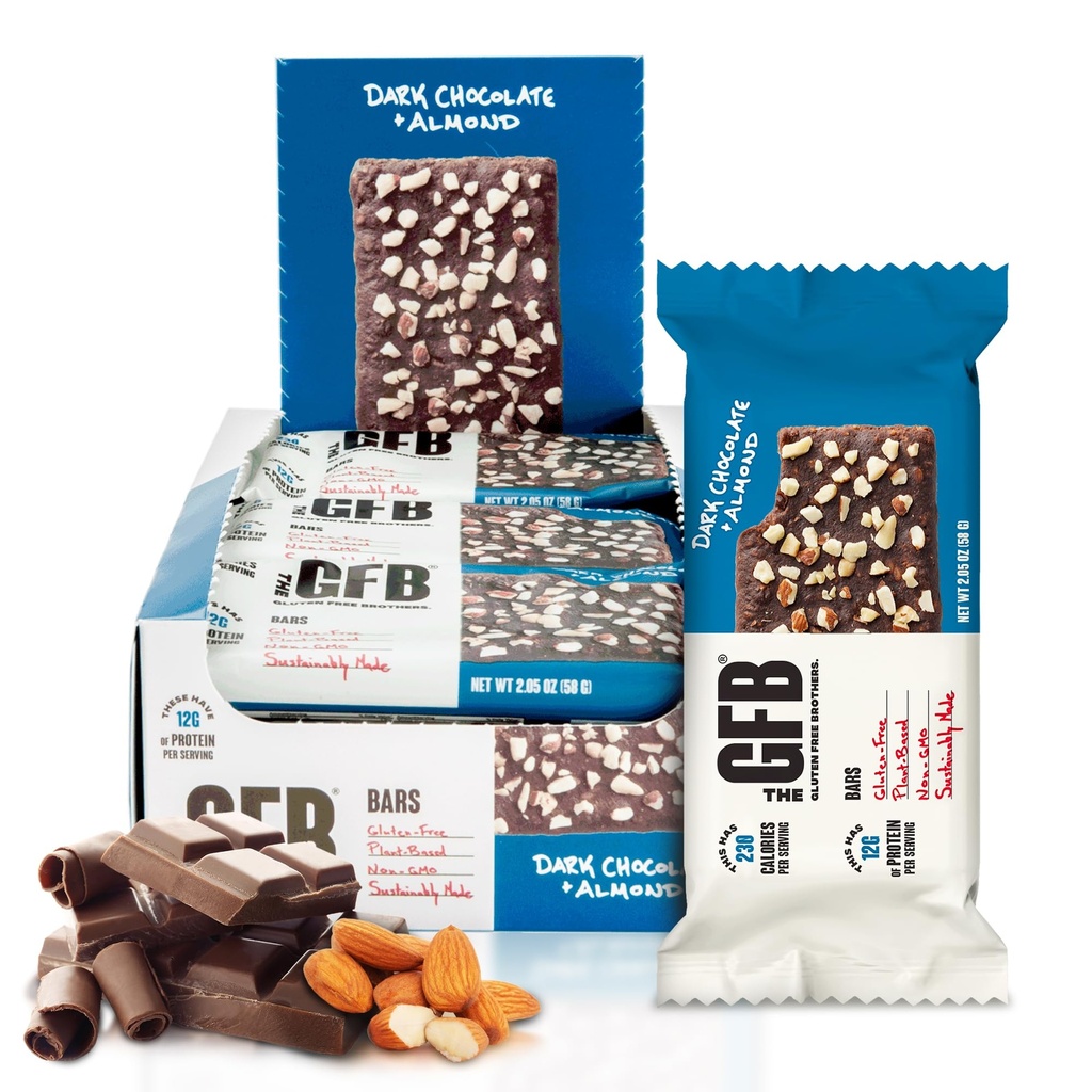 The GFB Dark Chocolate Almond Protein Bars - Gluten Free, Plant Based, Non GMO, Sustainably Made – Ridiculously Tasty, Healthy, Vegan, Nutrition Snack Protein Bars, 2.05 oz (12 Count)