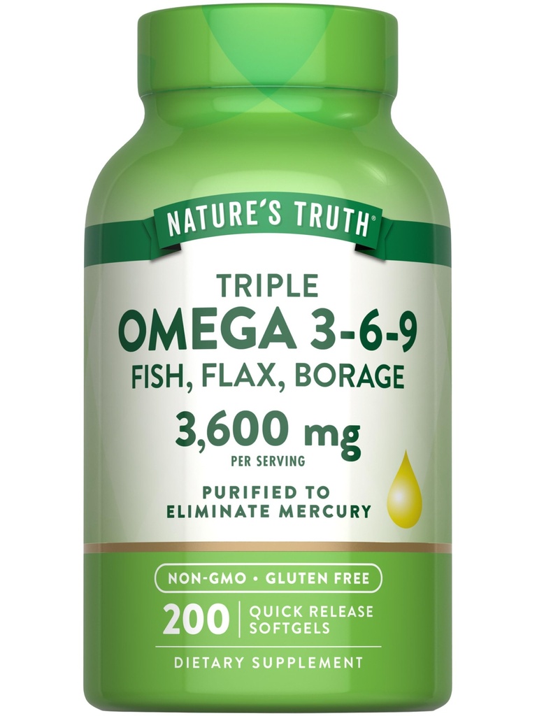 Nature's Truth Triple Omega 3 6 9 | 3600 mg | 200 Softgels | Fish, Flax ve Borage Oils | Non-GMO & Gluten Ücretsiz Supplement Supplement