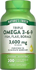 Nature's Truth Triple Omega 3 6 9 | 3600 mg | 200 Softgels | Fish, Flax ve Borage Oils | Non-GMO & Gluten Ücretsiz Supplement Supplement