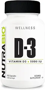 NutraBio Vitamin D (5000 IU), Immune Support - 90 Vegetable Capsules