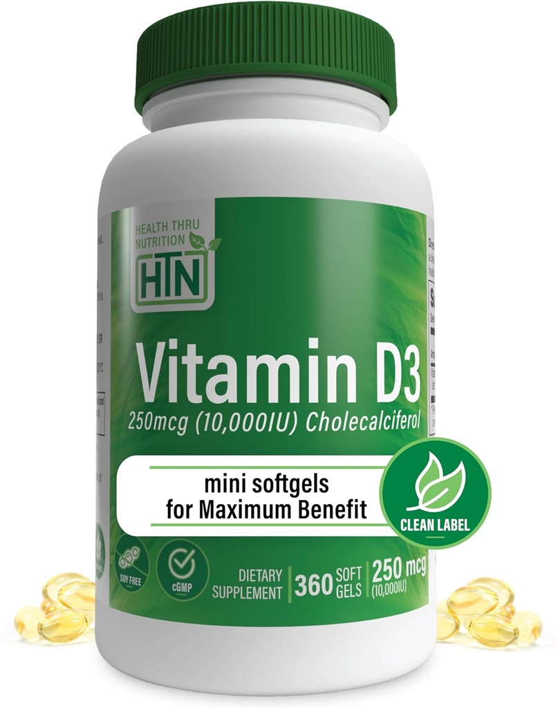 Sağlık Thru Beslenme Vitamini D3 10.000iu 360 Az Yararlı Yıl Supply | 250 Telefon Cholecalciferol | 3rd Parti Test Edildi | Non-GMO USP Organik EVOO | Immune Health Support