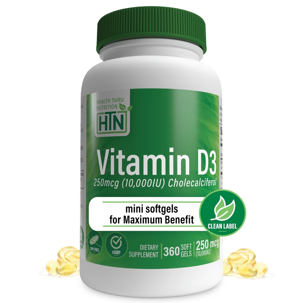 Sağlık Thru Beslenme Vitamini D3 10.000iu 360 Az Yararlı Yıl Supply | 250 Telefon Cholecalciferol | 3rd Parti Test Edildi | Non-GMO USP Organik EVOO | Immune Health Support