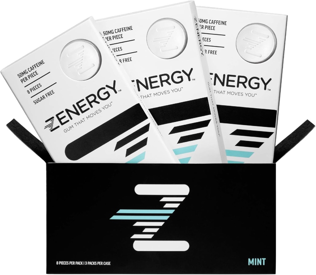 ZENERGY Enerji Gum - Mint Flavor | 50 mg Caffeine + 35 B6 ve% 45 B12 Vitamin | Vegan, 0 Sugar, 0 Calories, 0 Gluten, 0 Aspartame, Non-GMO, Instant Action | 3 Pack = 24