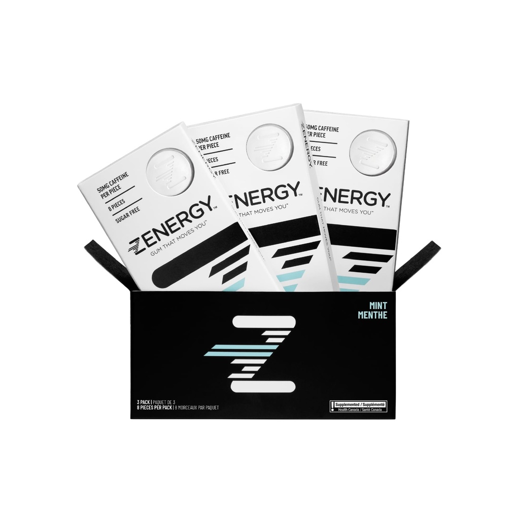 ZENERGY Enerji Gum - Mint Flavor | 50 mg Caffeine + 35 B6 ve% 45 B12 Vitamin | Vegan, 0 Sugar, 0 Calories, 0 Gluten, 0 Aspartame, Non-GMO, Instant Action | 3 Pack = 24