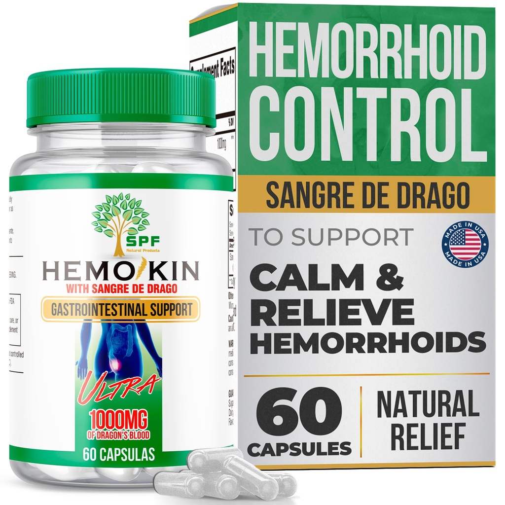 SPF HEMOKIN Ultra Hemorrhoid and Fissure Relief Supplement, 1,000mg Sangre de Drago, Helps with Itching and Swelling, 60 Capsules (1)