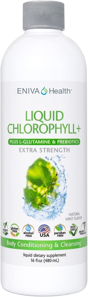 Eniva Health Liquid Chlorophyll Super Greens | 24K MG with Prebiotic & L-Glutamine | Mint Flavor | Skin, Immunity, Energy, Detox, Gut Health | Vegan, Gluten & Alcohol-Free | 48 Servings | USA Made