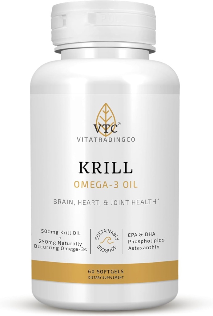 VTC VitaTradingCo. Krill Omega-3 Oil Supplement | 100 mg Pure Antarktika Neptün Krill Oil (NKO) | EPA & DHA Astaxanthin | Beyin, Kalp, Ortak ve Göz Desteği | 60 Softgels