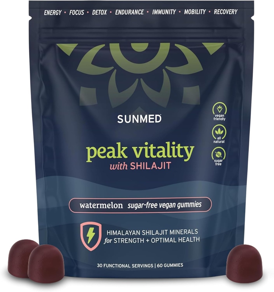 Peak Vitality Himalaya Shilajit Gummies for Strength, Energy & Optimal Health – Sugar-Free, Vegan, All- Natural – Cognitive Focus, Recovery, Immunity – Watermelon Flavor, 60ct