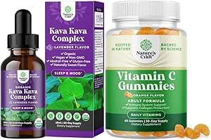 Bundle of Potent Liquid Kava Kava Drops Supplement with Kavalactones for Balanced Mood and Chewable Vitamin C Gummies for Adults - Ασκορβικό οξύ Φυσικό Ανοσοποιητικό Αναμνηστικό και Φυσική Ψυχρή Θεραπεία