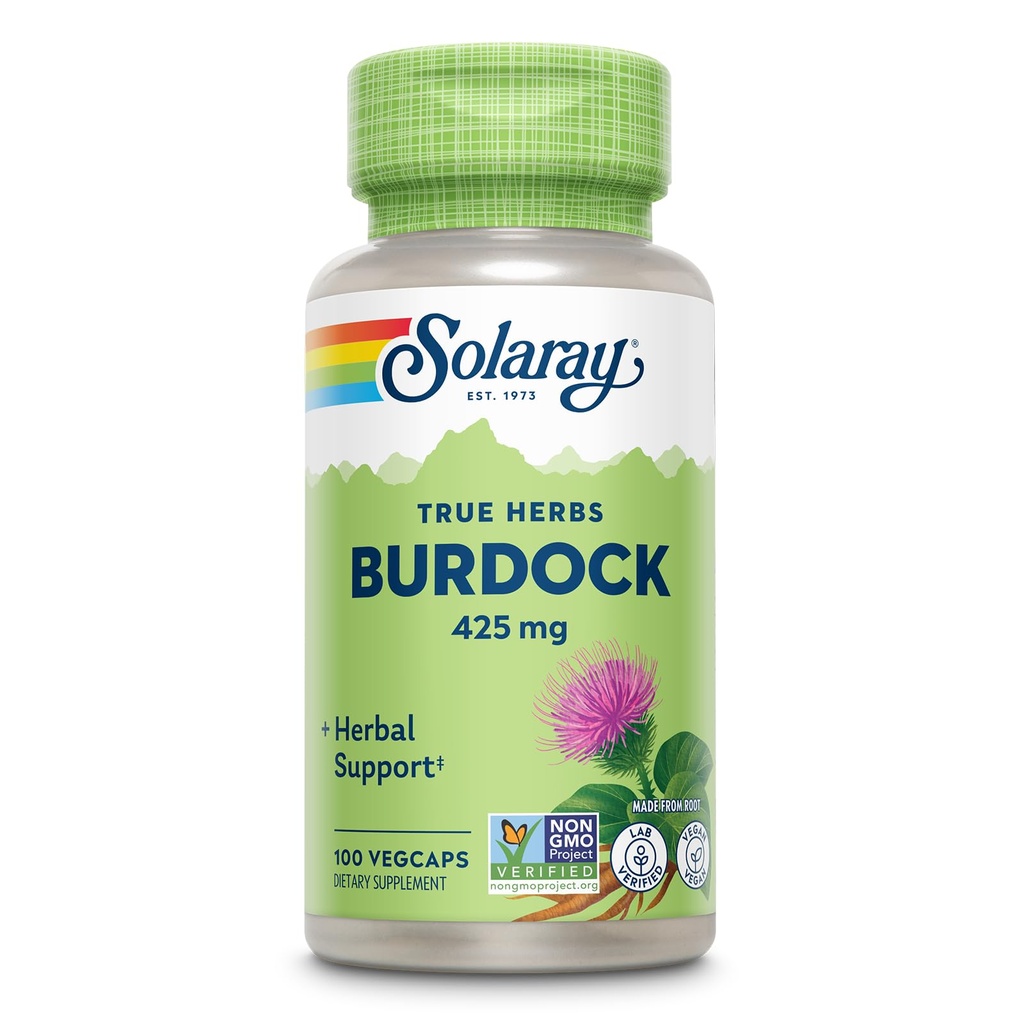 SOLARAY Burdock Kök 425 mg - Sağlıklı Canlı, Kidney, Digestion, Circulation, Joint & Skin Support - Antioksi Activity - Non-GMO - 100 VegCaps