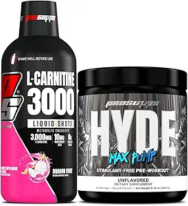 PROSUPPS L-Carnitine 3000 Stimulant Ücretsiz Sıvı Shots (31 Hizmet, Ejderha Meyvesi) ve Hyde Max Pump Pre Workout for Men and Women (20 hizmet, Unflavored) (1994)