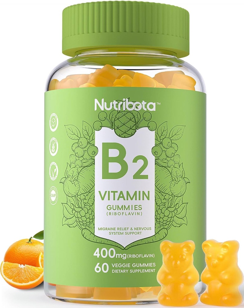 Sugar Free Vitamin B2 Gummies- Riboflavin 400 mg 200 mg with Magnezyum CoQ10 for Yetişkinler & Kids, Vegan, 60 Count Count Count