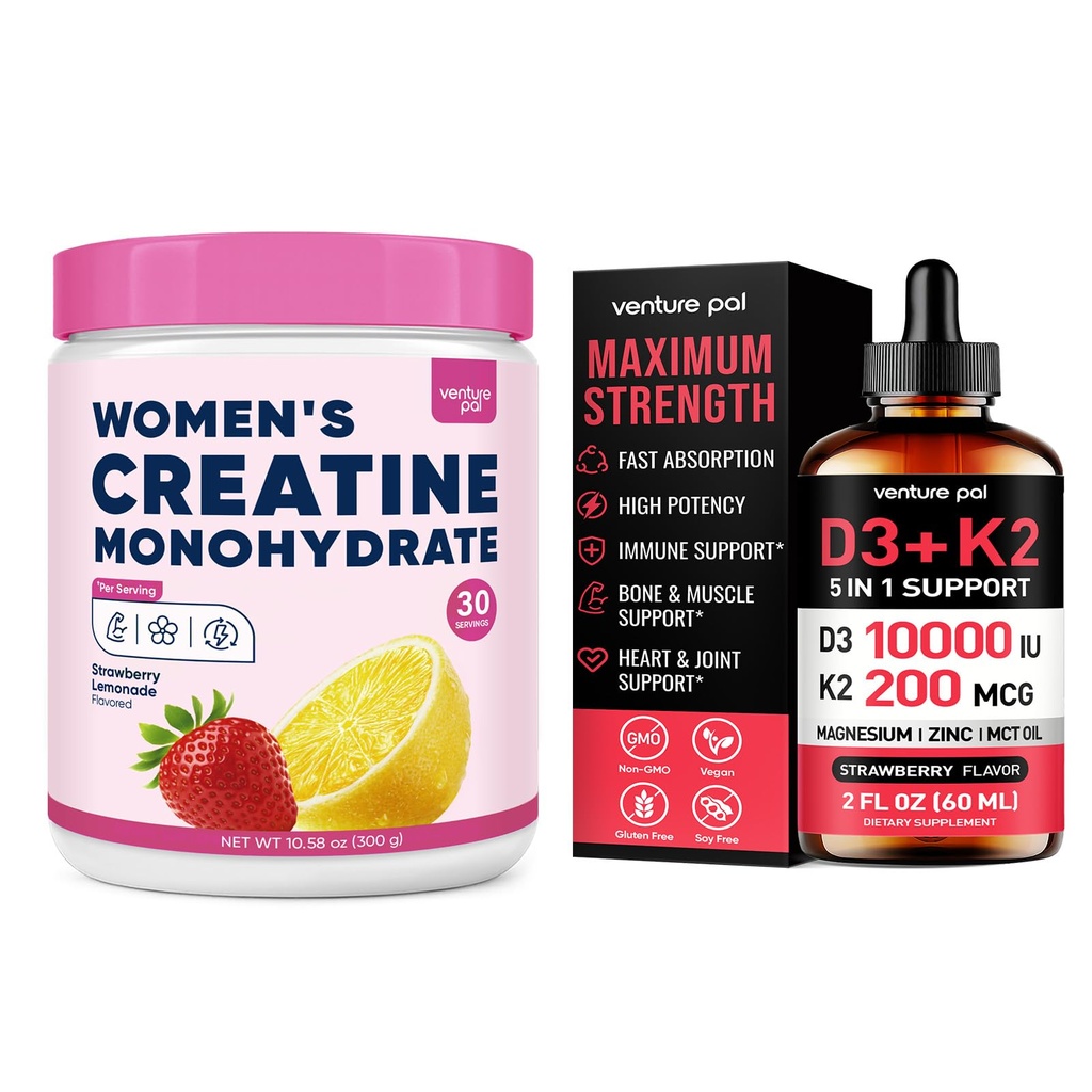 Venture Pal 18-in-1 Women’s Creatine Powder & 5-in-1 Vitamin D3 10000 IU & K2 – Collagen, Electrolytes Magnesium & MCT Oils, 10.58 OZ+2 FL OZ