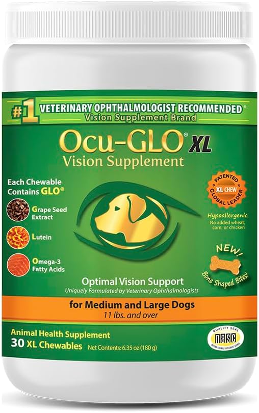 Ocu-GLO Cat & Dog for Eye Support - Chewable Vision Supplement for Large and Small Pets Care with Lutein, Omega-3 λιπαρά οξέα, εκχύλισμα σπόρων σταφυλιών & αντιοξειδωτικά 30 XL μασώμενα