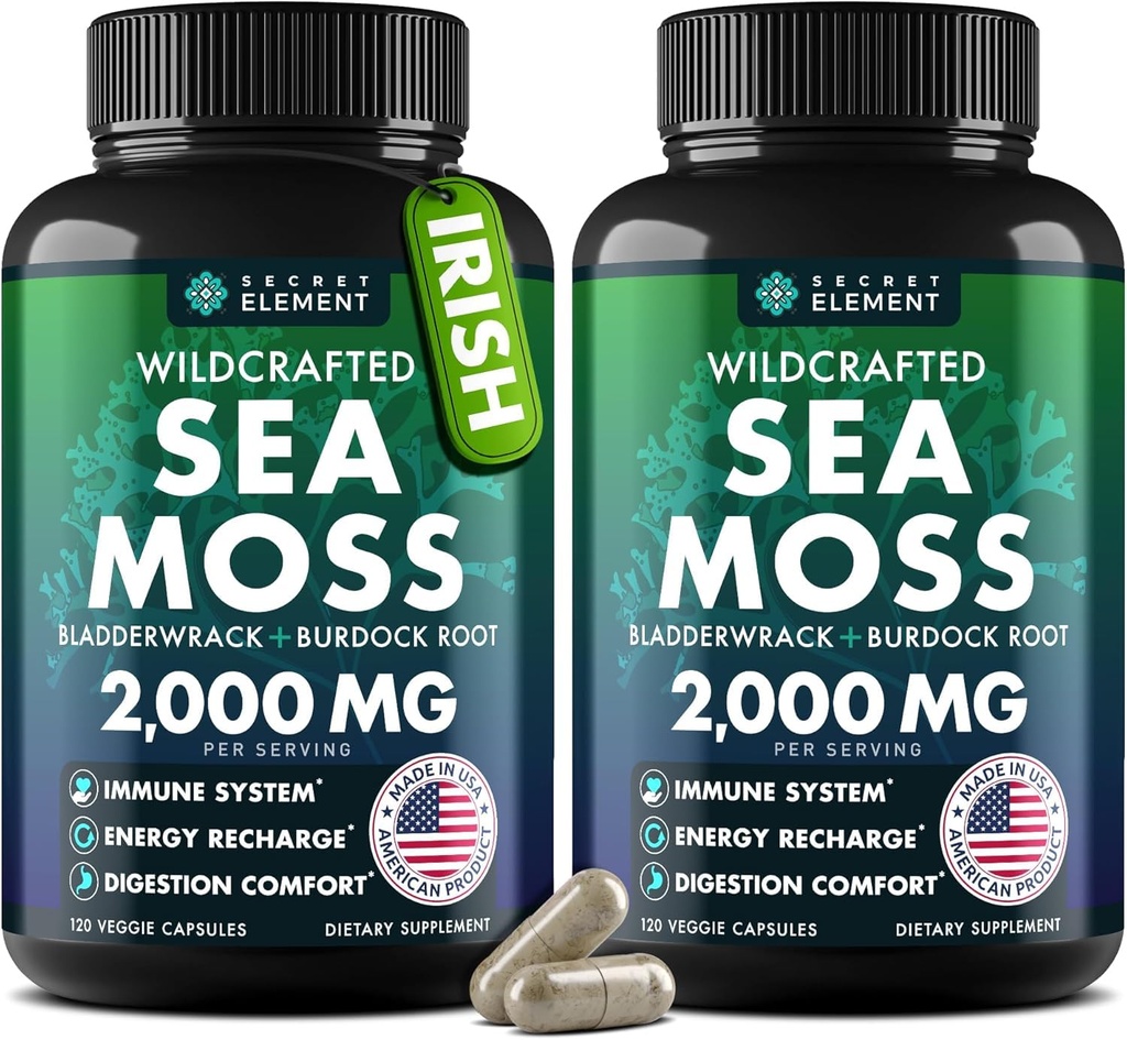 Sea Moss Κάψουλες - Ιρλανδική Θάλασσα Moss Advanced with Burdock Root, Bladderwrack & Muira Puama for Immunity, Gut, & Energy - Superfood Sea Moss Συμπληρώματα w/Raw Sea Moss Powder (2 Pack)