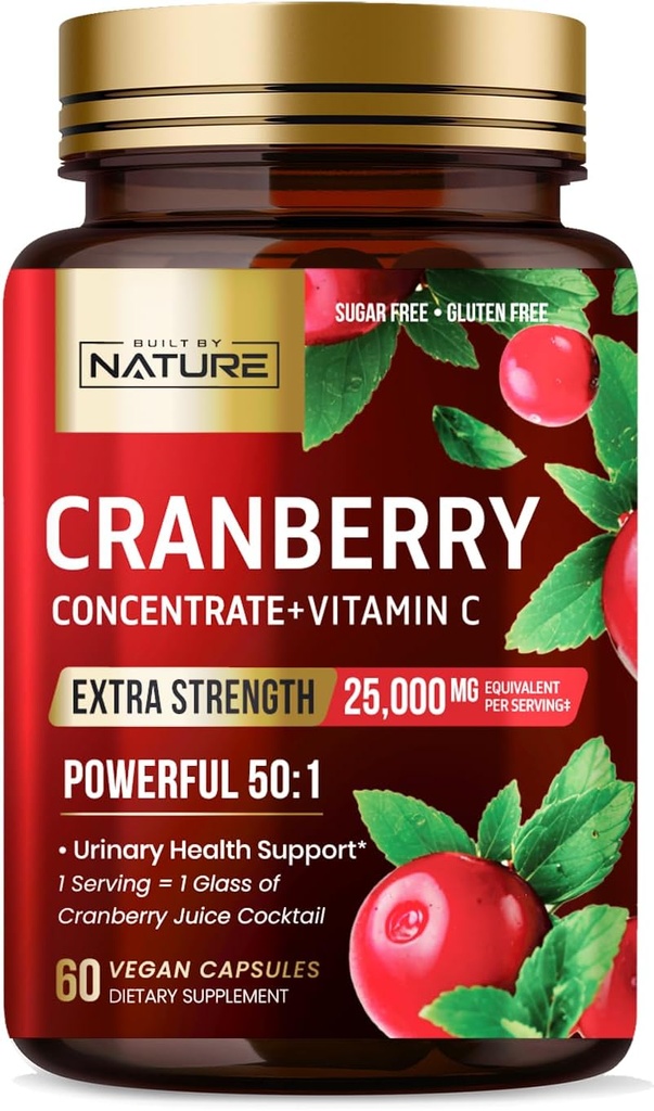 Nature Cranberry Pills 25.000 mg - Ekstra Kuvvet 50:1 Vitamin C ile Yoğun Tract Health Supplement for Women - Non-GMO, Sugar Free, Vegan - 60 Capsules