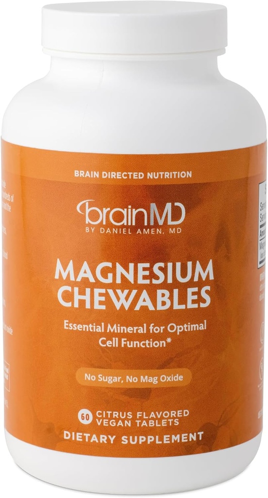 Dr Amen BrainMD Magnezyum Chewables, Citrus - 60 Chewable Tabletler, 2 Paket - Optimal Hücre Fonksiyonu için Temel Mineral - Gluten Free - 120 Toplam Hizmetler