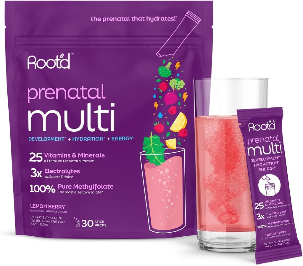 Root'd Prenatal Multivitamin Tozu - 3x Electrolytes, Folate, Iron, D3 for Mom & Baby, 7 Superfood & Probiyotiks, Sugar-Free Vitamins & Hydration | 30 Vitamin İçecek Paketleri