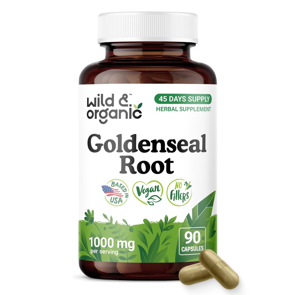 Wild & Organic Goldenseal Root Capsules 1000mg - Immune & Lung Support - 90 Goldenseal Root Powder Capsules - 45 Days Supply - Vegan, No Fillers, Non-GMO