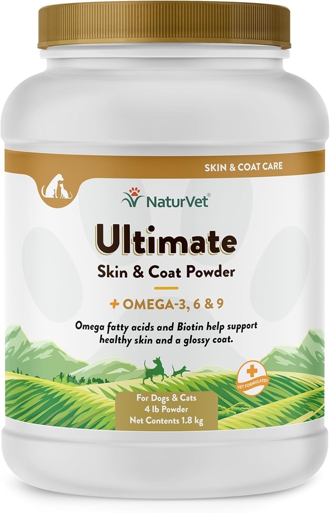 NaturVet Ultimate Skin & Coat Toz Pet Supplement for Dogs & Cats – Omegas 3, 6, 9, Biotin, Vitaminler - Sağlıklı Köpek Önleri için, Cat Skin – Tasty Food Topper for Pets – 4 lbs.