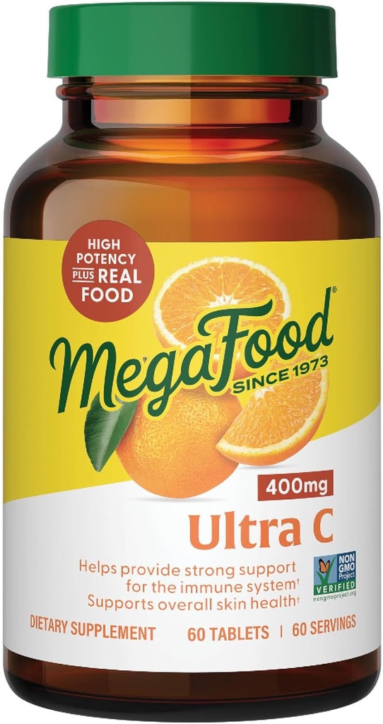 MegaFood Ultra C 400 mg - Vegan Immune Support Supplement with Vitamin C, Made with Real Food Including Broccoli, Carrot, Cranberry & Brown Rice, Gluten-Free, Kosher - 60 Tablet, 60 Hizmet