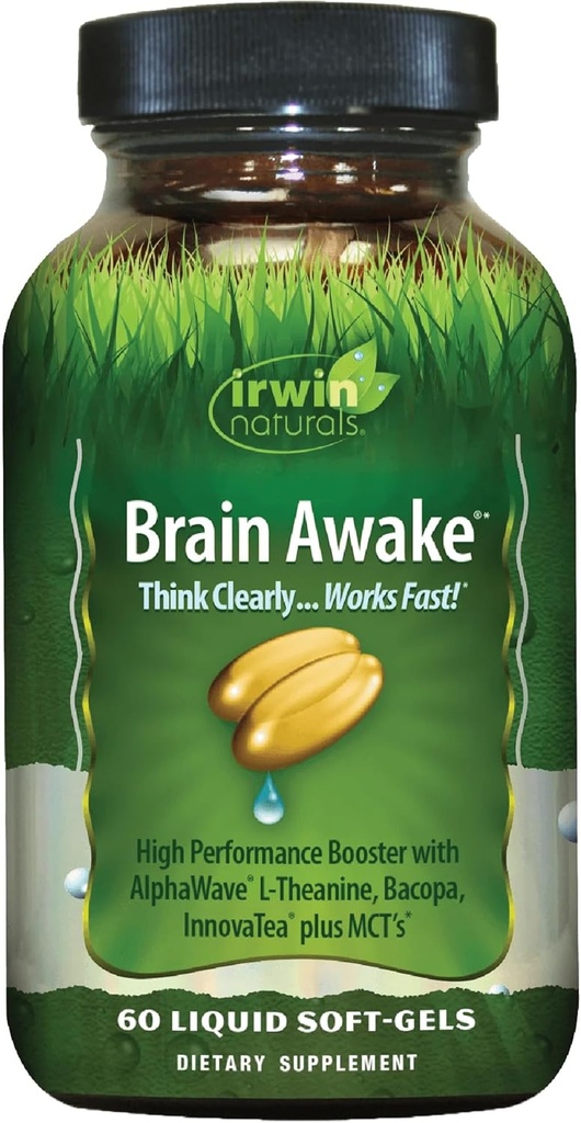 Irwin Naturals Brain Awake Enhanced Mental Performance, Aυξημένη Εστίαση, Ενισχύστε την Καθαρότητα & Συγκέντρωση - Ισχυρό Nootropic Booster με L-Theanine, Bacopa, MCT's & InnovaTea - 60 Liquid Softgels