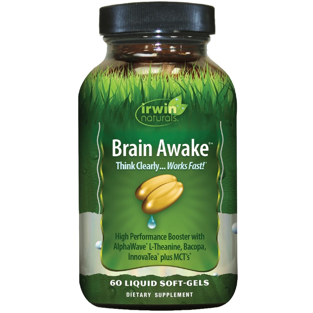 Irwin Naturals Brain Awake Enhanced Mental Performance, Increased Focus, Boost Clarity & Concentration - Powerful Nootropic Booster with L-Theanine, Bacopa, MCT's & InnovaTea - 60 Liquid Softgels