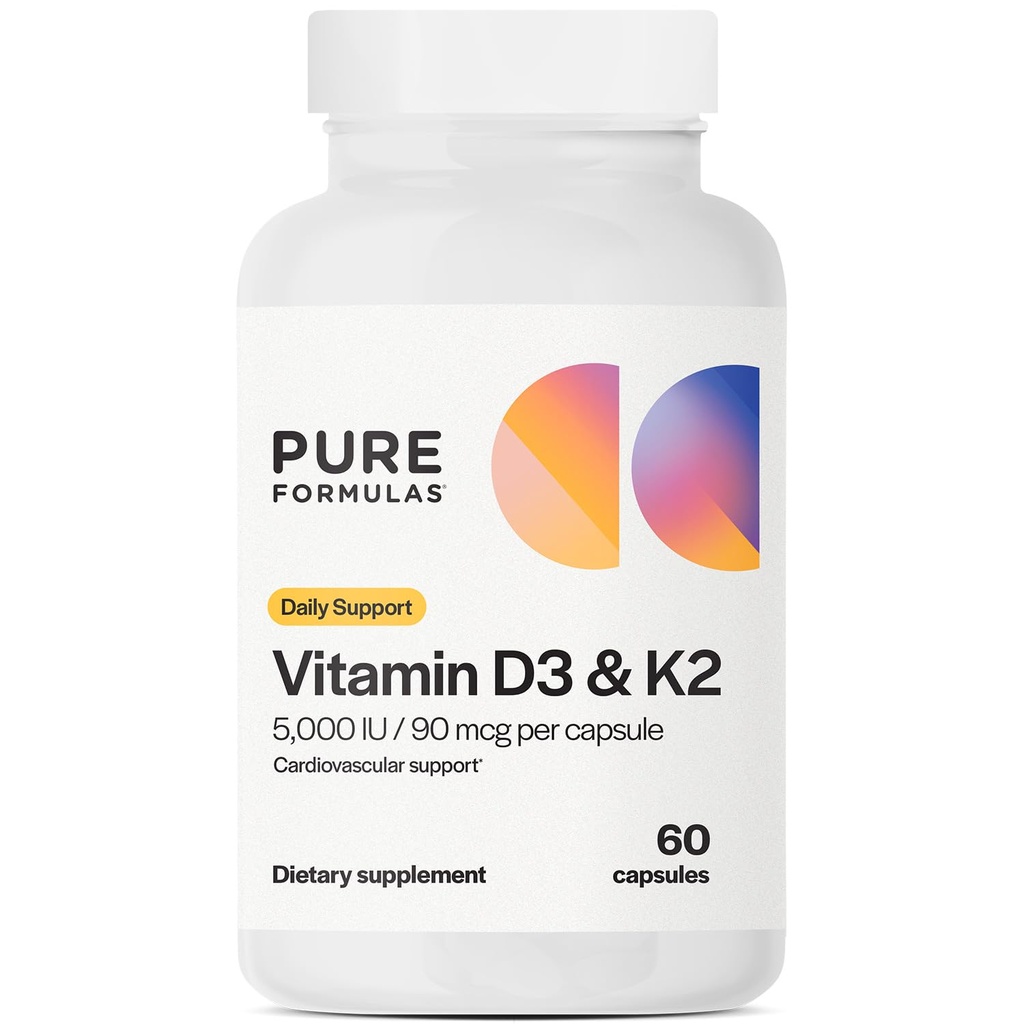 PureFormulas Vitamin D3 K2 Supplement, 5000 Iu Vitamin D3 and 90 mcg Vitamin K2, Supports Bone Strength, Calcium Balance, Heart Health, Gluten-Free & Non-GMO, 60 Capsules for Optimal Wellness
