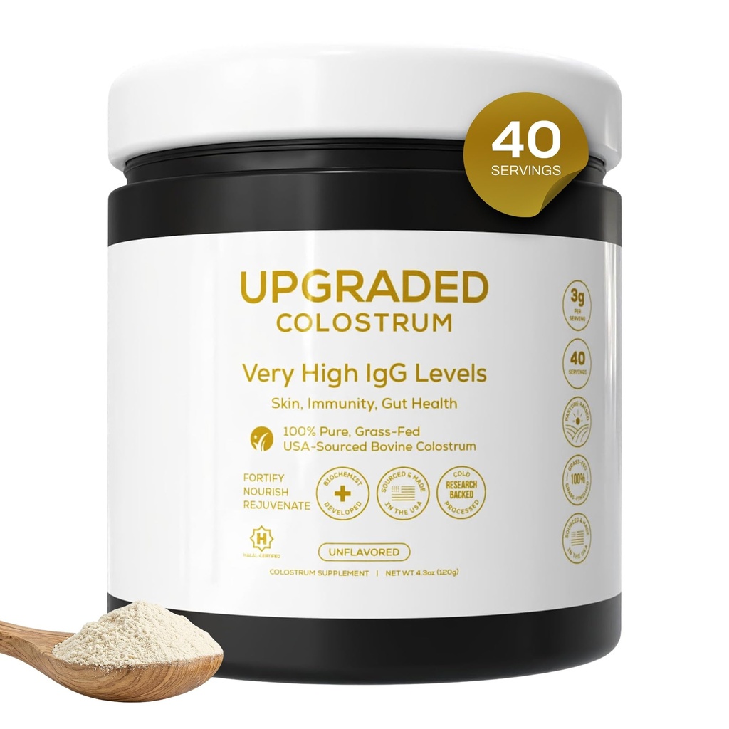 Upgraded Colostrum Powder–600mg IgG per Serving, Certified Organic Grass Fed USA Bovine Colostrum Supplement for Immune Support, Gut Health,Skin Care, Unflavored Protein Powder Alternative-40 Servings