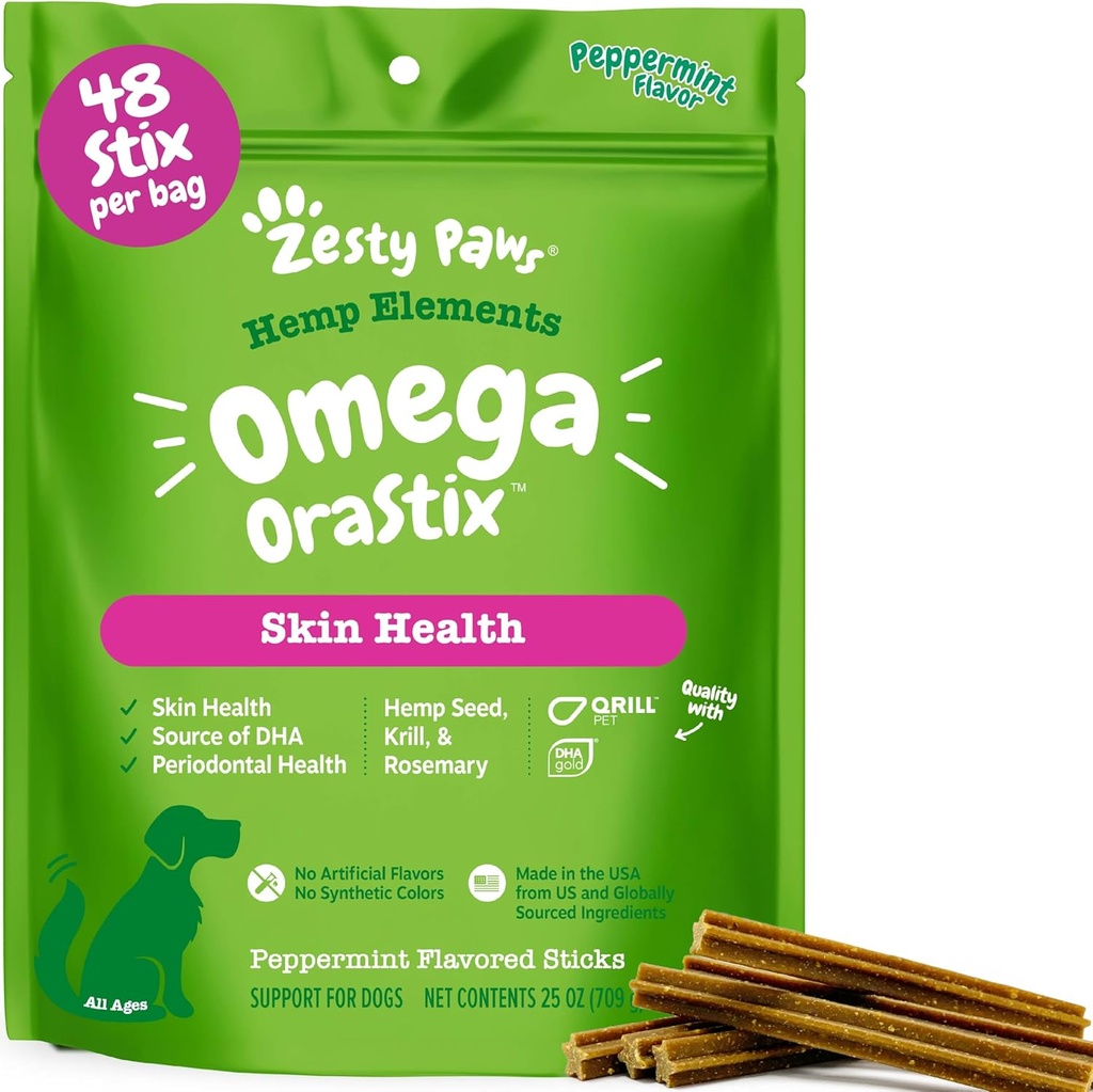 Köpekler için Zesty Paws OraStix - Omp Salmon Krill Oil Bone Broth Anti Itch Skin Coat Care Hip & Ortak Sağlık Kalp Immune Sistem Desteği Köpek Tartar Dişleri 25oz