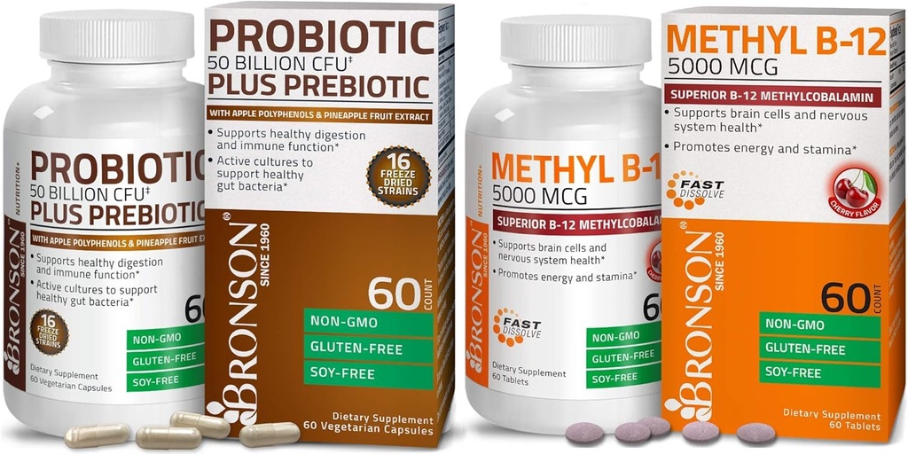 Bronson Probiotic 50 Billion CFU + Prebiotic with Apple Polyphenols & Pineapple Fruit Extract + Methyl B12 5000 mcg Vitamin B12 Methylcobalamin
