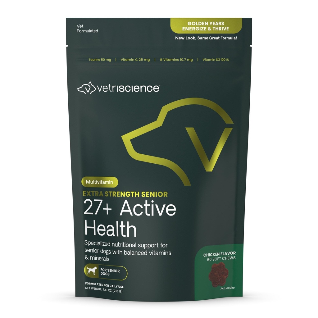 VetriScience Extra Strength Senior 27+ Active Health Chews, Golden Years Daily Multivitamin for Senior Dogs, Balanced Vitamins, Minerals, and Omega-3s, Aging and Wellness Support, Chicken, 60 Count