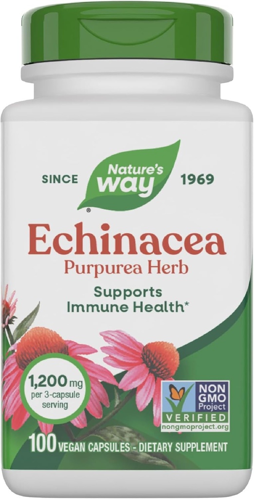 Nature's Way Echinacea Purpurea Herb, Immune Support Supplement*, 3capsule hizmet eden 1200 mg, Non-GMO Projesi Doğrulandı, Vegan, 100 Capsules (Pazarlama May Vary)