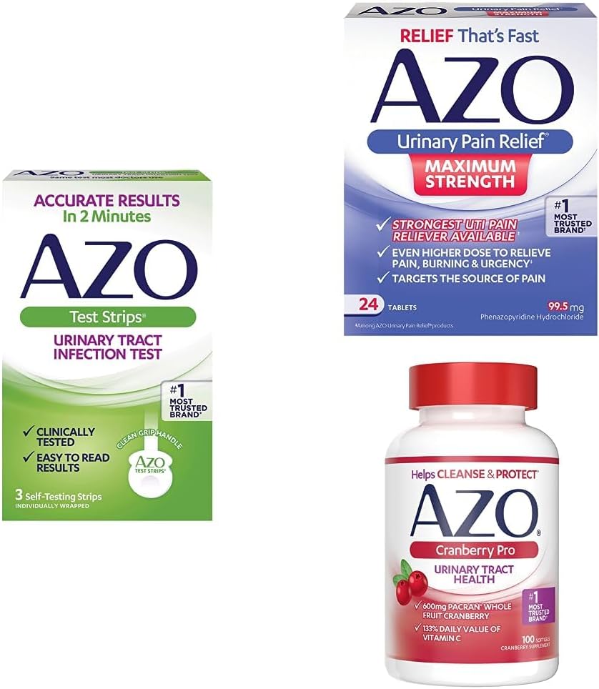 AZO UTI Pain Relief Sche – AZO UTI Test Strips 3ct, AZO Urinary Pain Relief Max Strength 24ct, AZO Cranberry Pro Supplement 100ct
