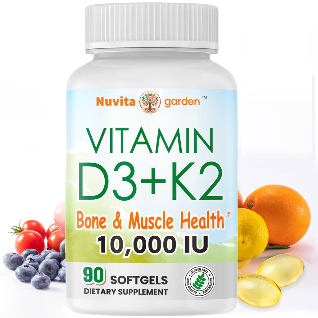 Vitamin D3 10,000 IU + K2(MK7) 200mcg, 90 Softgels, 2-in-1 Vitamin D3 K2 Supplement for Bone,Heart, Immune & Teeth Support, Easy to Swallow, Made in USA, Non-GMO, Gluten Free