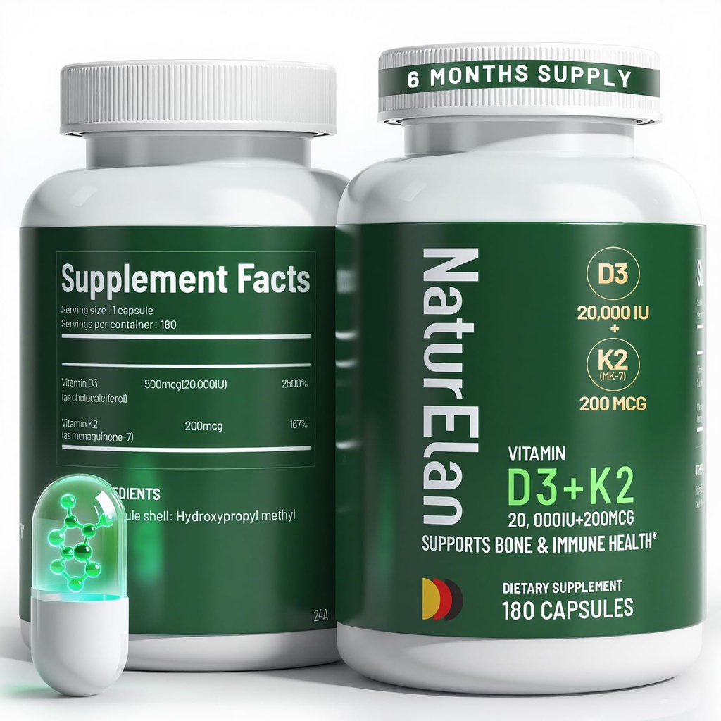 Vitamin D3 K2 - 20,000 IU D3 + 200mcg K2(MK-7), 180 Capsules, Supports Bone, Immune, Heart & Teeth Health, Third-Party Tested, Vegan, Non-GMO, Gluten Free K2 D3 Vitamin Supplement for Men & Women