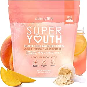 SkinnyFit - Super Youth Collagen for Women - Multi Collagen, Toz - Probiyotikler, Fiber, Hyaluronik Asit - GMO, Gluten Free, Sugar Free - Beauty & Self Care - Peach Mango (28 hizmet)