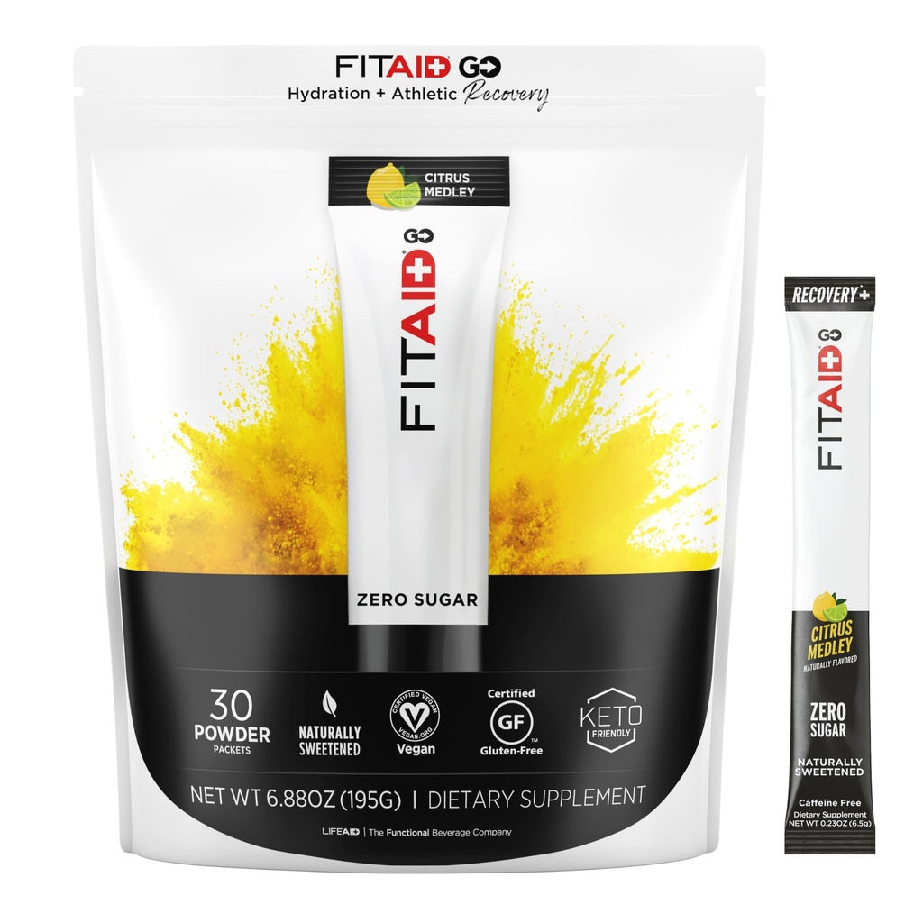 LIFEAID FITAID GO! ZERO SUGAR Recovery + Hydration Packet, W/ BCAAs, Glucosamine, Electrolytes, Omega-3s, 100% Clean, Vegan & Gluten-Free, Naturally Sweetened, 30 Count (Pack of 1)