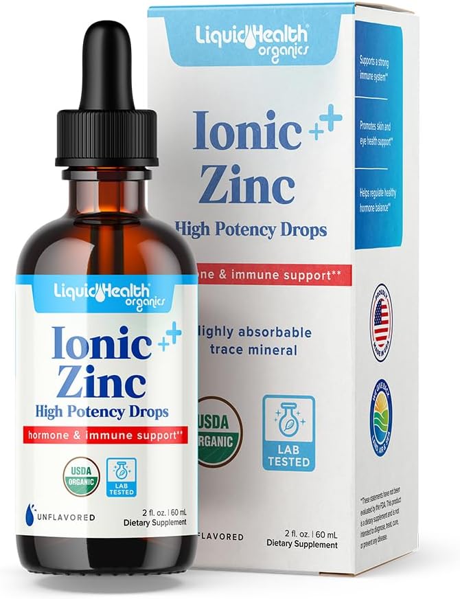 LIQUIDHEALTH USDA Organik Ionic çinko Yüksek Potency Drops - Trace Mineral Vitamini Yetişkinler ve Çocuklar için Tamam - Immune & Digestive Support, Skin & Yara Sağlığı - ABD Made, Vegan, Non-GMO (2 oz)