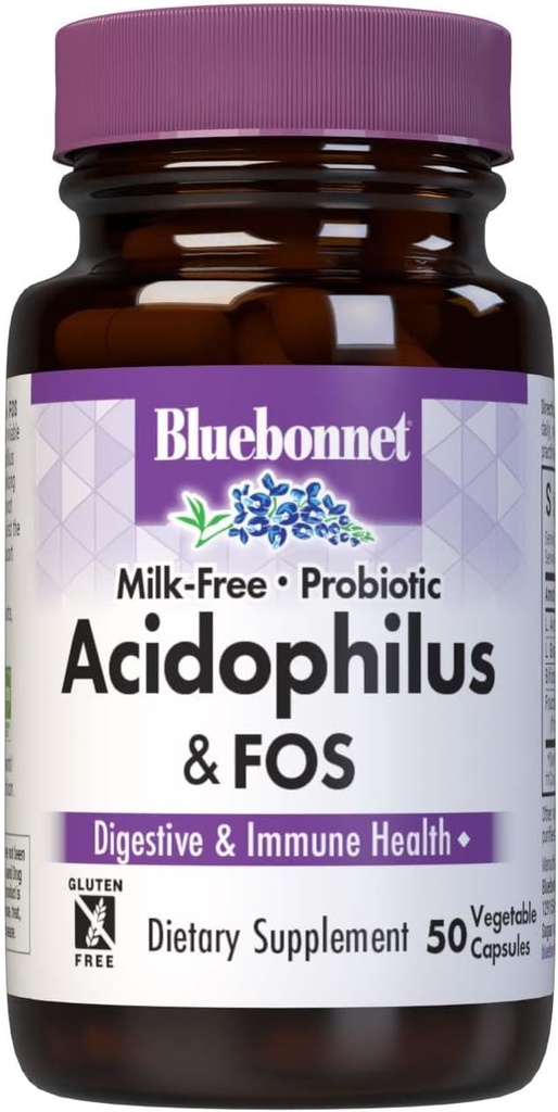 Bluebonnet Διατροφή χωρίς γάλα Προβιοτικό Acidophilus & FOS, Digestive Health*, Ανοσολογική Υγεία*, Χωρίς γλουτένη, Χωρίς σόγια, Γαλακτοκομικά, 50 Καψάκια λαχανικών, 50 Σερβιέτες