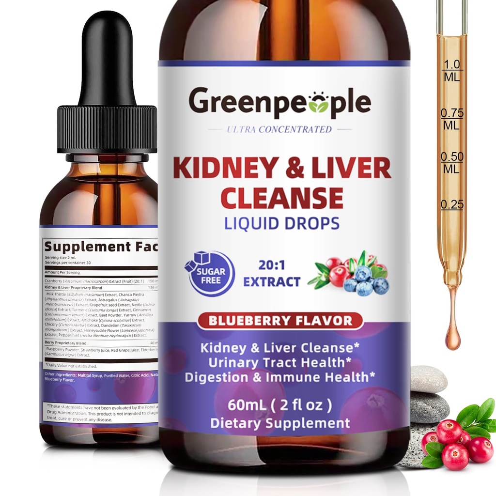 SPEOPLE Kidney Cleanse Detox & Tamir - 27-In-1 Kidney & Liver Drops ile 20:1 Cranberry Tür ve Chanca Piedra, Urinary Tract & Liver Desteği için Alkol Ücretsiz Supplement (2 Oz 1 Pack, Blueberry)