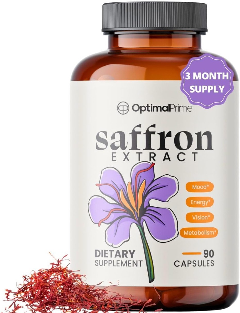 Optimal Prime Saffron Supplement -% 100 Pure Saffron Extract 88.5mg - Optimal Mood, Enerji ve Metabolism, Vejetaryen Dostu, Non-GMO, Gluten-Free, Soy-Free, 90 Capsules