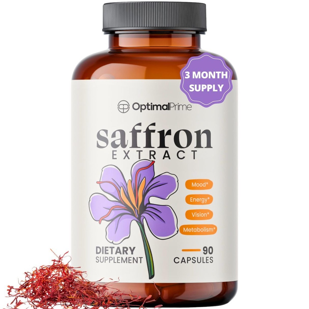 Optimal Prime Saffron Supplement -% 100 Pure Saffron Extract 88.5mg - Optimal Mood, Enerji ve Metabolism, Vejetaryen Dostu, Non-GMO, Gluten-Free, Soy-Free, 90 Capsules